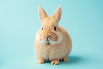A studio photo of a cute rabbit against a background of pastel colours, taken with soft lighting. Space for copy. 