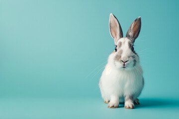 Obraz premium A studio photo of a cute rabbit against a background of pastel colours, taken with soft lighting. Space for copy. 