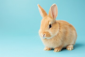 A studio photo of a cute rabbit against a background of pastel colours, taken with soft lighting. Space for copy. 