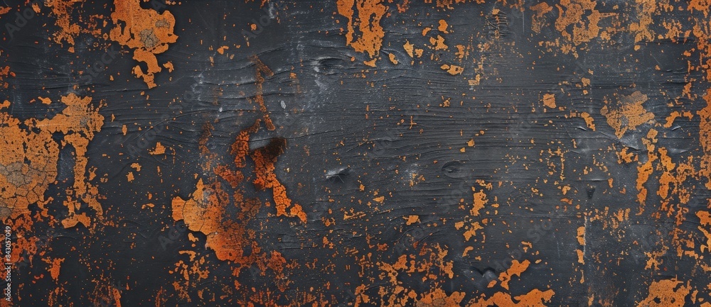 Poster rough paint texture on dark background with wood grain showing through, creating weathered look. ora