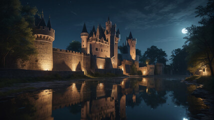 The moonlight casts an ethereal glow upon the castle's moat, revealing the tranquil beauty of its watery embrace, Generative AI