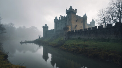 Surrounded by a dense fog, the castle's moat becomes an impenetrable barrier, hiding the fortress from prying eyes, Generative AI