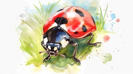 A watercolor painting of a ladybug on a green leaf. The ladybug has a red back with black spots and black head with two black eyes.