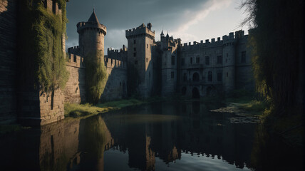Enveloped in darkness, the castle's moat becomes a realm of shadows and whispers, where unseen dangers lurk in every corner, Generative AI