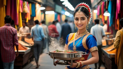 A woman in traditional indian garb holding a pan of food, AI