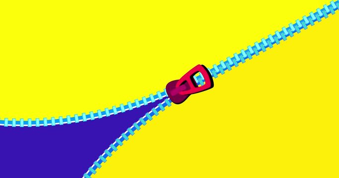 Zipper transition wipe across yellow blue red isolated background. Cartoon animation preset good for any use. Motion design element. Business, art, education, science, fashion, etc...