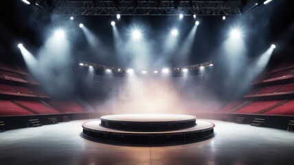3D stage podium in dark background with smoke effect. Studio background with realistic podium spotlight