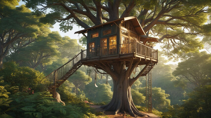 Nestled among the branches, the treehouse is a cozy retreat, offering panoramic views of the surrounding forest canopy, Generative AI
