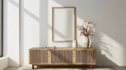 Mockup of an empty horizontal picture frame at home