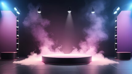 3D stage podium in dark background with smoke effect. Studio background with realistic podium spotlight