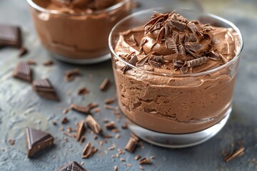 Delicious chocolate mousse dessert topped with chocolate shavings in a glass