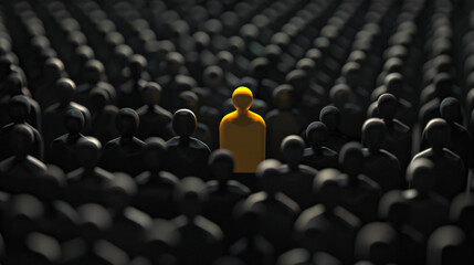 Obraz premium One yellow figure stands out among rows of black figures, symbolizing uniqueness and individuality
