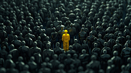 Obraz premium Single yellow figure stands out in a crowd of black figures