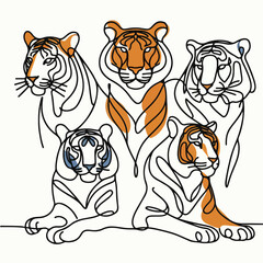 set vector of tiger in continuous line style