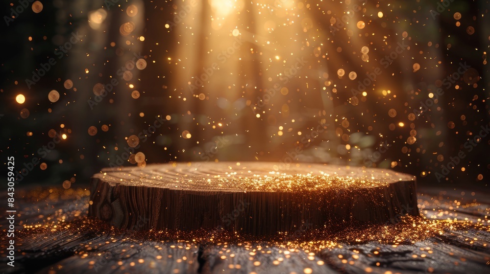 Poster an atmospheric image capturing the magical feel of glittering particles over a rustic wooden stump i