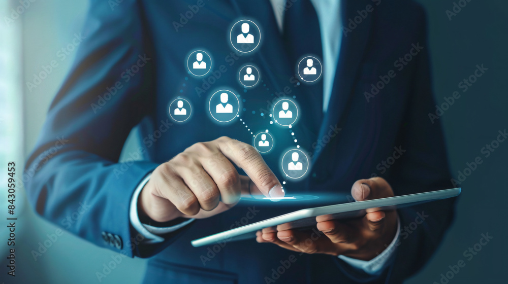 Poster professional engaging with virtual network interface on tablet in closeup shot