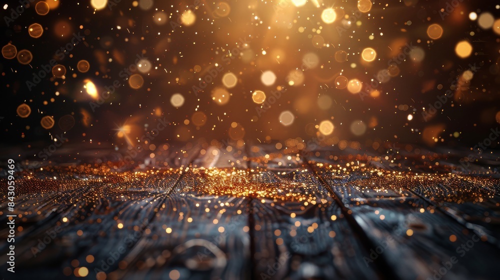 Poster golden sparkles create a mesmerizing bokeh effect on a wooden tabletop, perfect for backgrounds or m