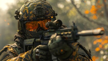 Soldier Aiming Rifle in Camouflage Gear During Military Training Exercise