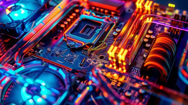 High-Tech Gaming PC with RGB Liquid Cooling System - Futuristic Hardware Setup, Close-Up, Neon Lights, and Transparent Tubes