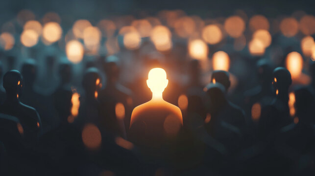 Glowing figure stands out in a crowd, symbolizing leadership and individuality