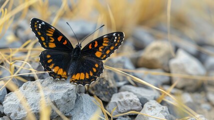 Obraz premium Black and orange winged butterfly in a setting of yellow dry grass and gray stones