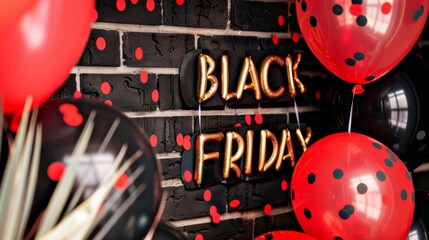 Black Friday celebration scene with red and black balloons, gold and black confetti against a brick wall. Bold red "Black Friday" text is prominently displayed, capturing attention