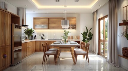 Fototapeta premium Detailed View of Modern Dining Room with Wooden Table Upholstered Chairs and Elegant Lighting for a Refined Dining Experience
