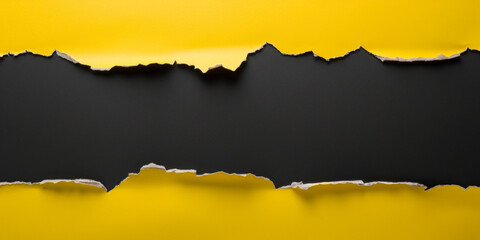 Top view of yellow torn paper revealing a black background, creating a dramatic contrast. Ideal for announcements, promotions, and advertisements requiring a bold visual impact.