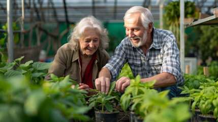 Fototapeta premium Elderly couple gardeners working in the garden greenhouse with their family