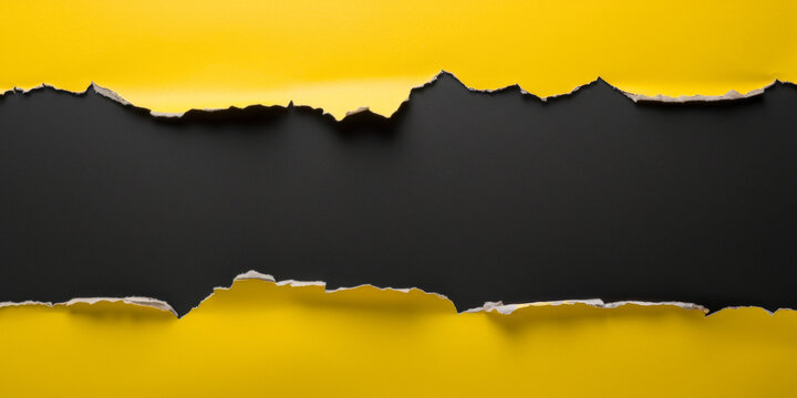 Top view of yellow torn paper revealing a black background, creating a dramatic contrast. Ideal for announcements, promotions, and advertisements requiring a bold visual impact.