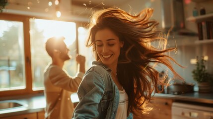 Joyful young couple dancing in the kitchen at sunrise. This candid moment shows love and happiness in a cozy setting. 