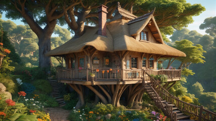 With a whimsical design, the treehouse resembles a fairy-tale cottage, complete with a thatched roof and a charming balcony overlooking the woods, Generative AI