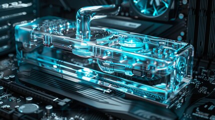 High-Tech Gaming PC with RGB Liquid Cooling System - Futuristic Hardware Setup, Close-Up, Neon Lights, and Transparent Tubes