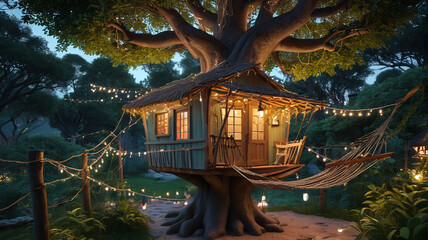 Obraz premium Tucked away in the branches, the treehouse is a magical sanctuary, with twinkling fairy lights and a cozy hammock for lazy afternoons, Generative AI