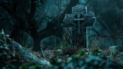Gothic Cross Tombstone in Haunted Forest