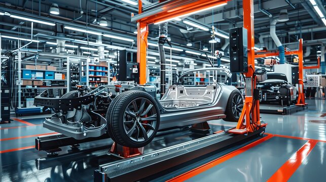 Modern automated car manufacturing line with a car chassis on a robotic arm in a high-tech automotive factory.