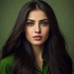 Naklejka premium portrait of a straight, long hair girl with green eyes . Ai Generative 