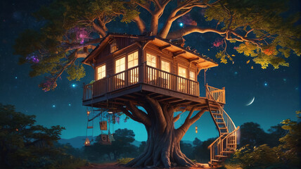 Elevated among the branches, the treehouse is a haven for imagination, with colorful banners fluttering in the breeze and a telescope for stargazing at night, Generative AI
