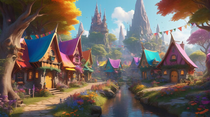 Obraz premium Nestled in the heart of the enchanted forest, the elf village bursts with vibrant colors, its whimsical buildings adorned with rainbow-hued banners, Generative AI