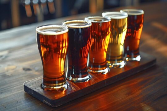 International Beer Day. An overhead shot of a beer flight sampler, showcasing a selection of different beers in small glasses arranged on a wooden board.