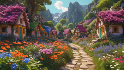Obraz premium Tucked away in a secluded glen, the elf village is a kaleidoscope of colors, with brightly painted cottages surrounded by blooming flower gardens, Generative AI