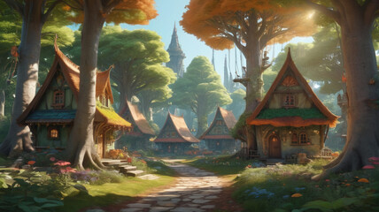 Among the towering trees, the elf village stands as a testament to creativity, with each dwelling boasting a unique color palette inspired by the natural world, Generative AI