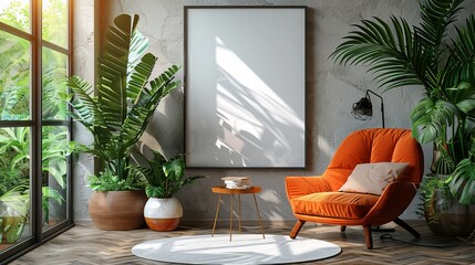 Elegant interior showcasing an orange lounge chair, a variety of potted tropical plants, and a large blank picture frame