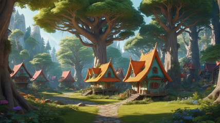 Among the towering trees, the elf village stands as a testament to creativity, with each dwelling boasting a unique color palette inspired by the natural world, Generative AI
