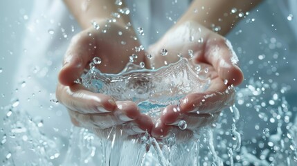 Hands carefully cradling a pristine water drop, water droplets and splashes around, minimalist light background