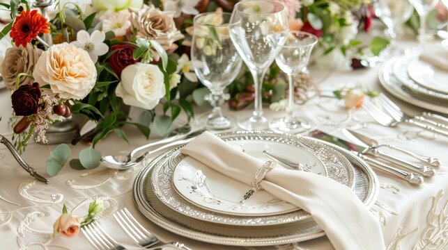 Gourmet dining setup with polished silverware, luxurious table linens, and beautifully arranged floral centerpiece, perfect for a sophisticated celebration