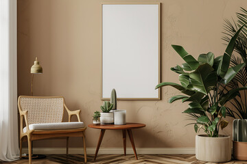 In the serene interior of a cozy room, a sturdy wooden table takes center stage beneath a soft glow of warm light.