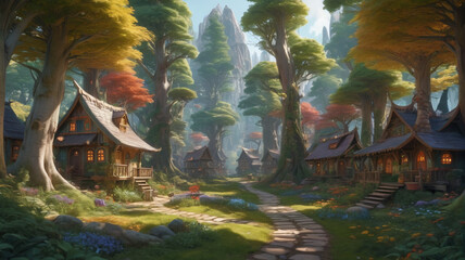 Among the towering trees, the elf village stands as a testament to creativity, with each dwelling boasting a unique color palette inspired by the natural world, Generative AI