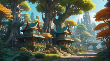 Obraz premium Among the towering trees, the elf village stands as a testament to creativity, with each dwelling boasting a unique color palette inspired by the natural world, Generative AI