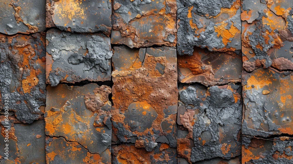 Poster detailed image of rusty metal surface with flaking orange and brown paint, showcasing textures and p